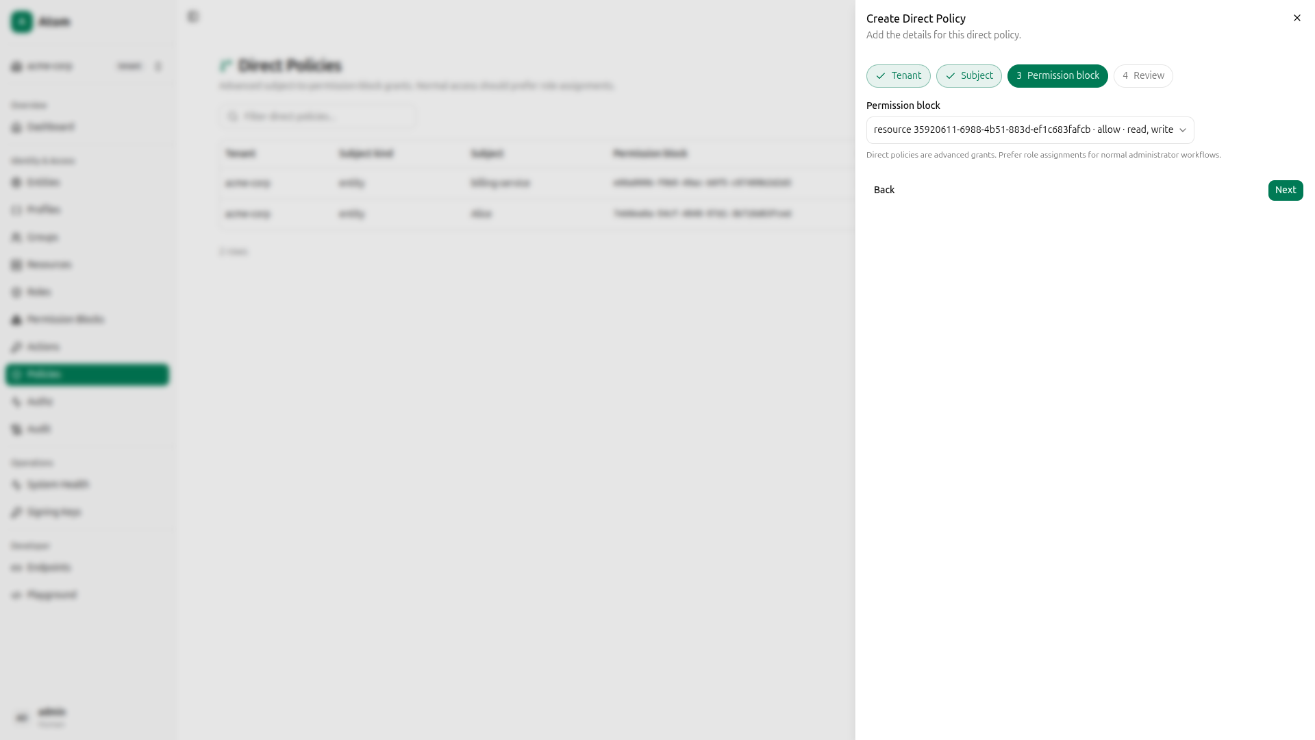 Direct policy - step 3, read+write block (billing-service)